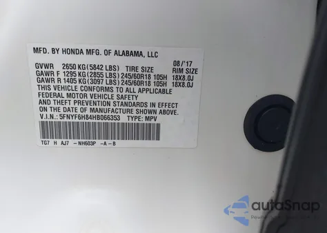 2017 Honda Pilot Ex-L z USA, uszkodzony, nr VIN 5FNYF6H84HB066353